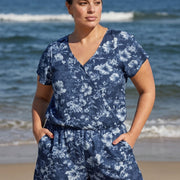 Navy Floral UPF50+ Short Sleeves Vintage Pocket Curvy Swimsuit One Piece Swim Romper