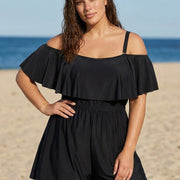 Plus Size Black Off The Shoulder Ruffles 1 Piece Bathing Suits Romper One Piece Swimsuit