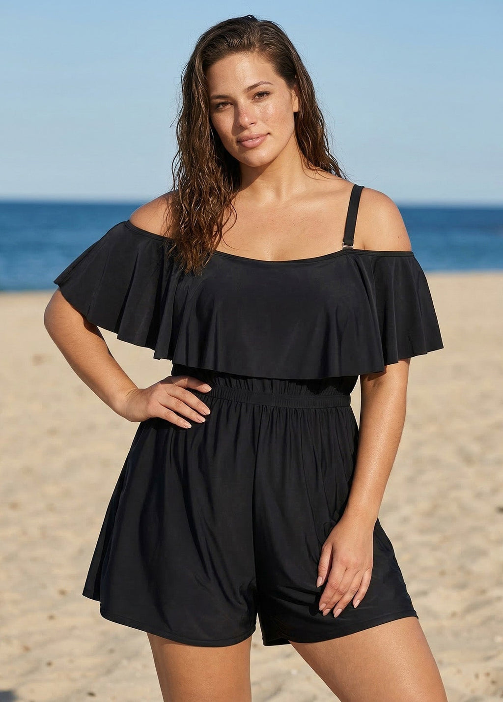 Plus Size Black Off The Shoulder Ruffles 1 Piece Bathing Suits Romper One Piece Swimsuit