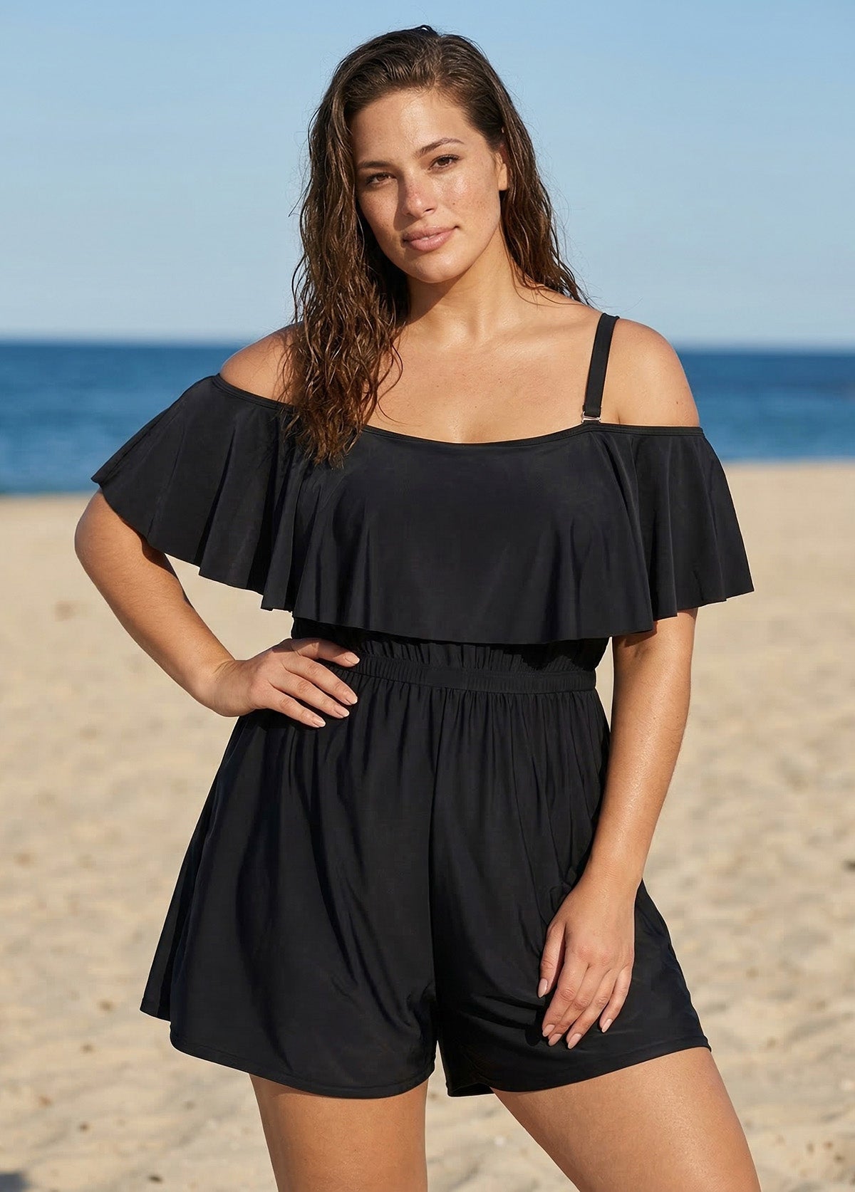 Plus Size Black Off The Shoulder Ruffles 1 Piece Bathing Suits Romper One Piece Swimsuit