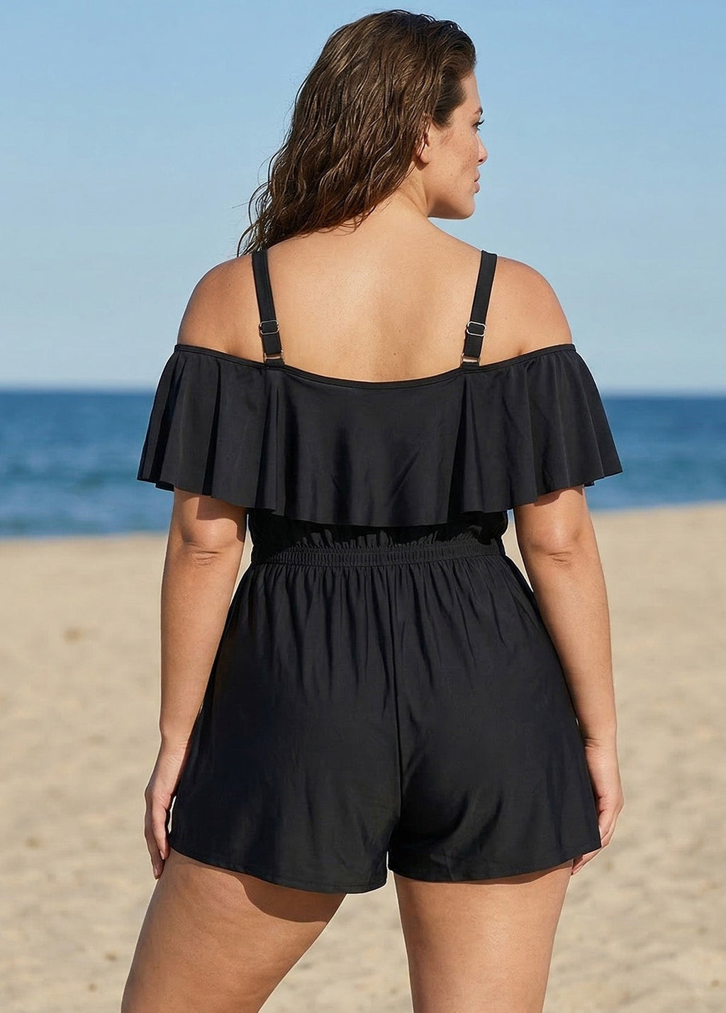 Plus Size Black Off The Shoulder Ruffles 1 Piece Bathing Suits Romper One Piece Swimsuit