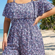 Purple Floral Print Flattering Off Shoulder Ruffled Plus Size Swimsuit One Piece Swim Romper