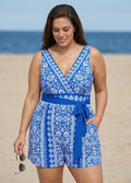 Blue And White Floral V Neck Modest Wrap Pocket Curvy Swimsuit One Piece Swim Romper