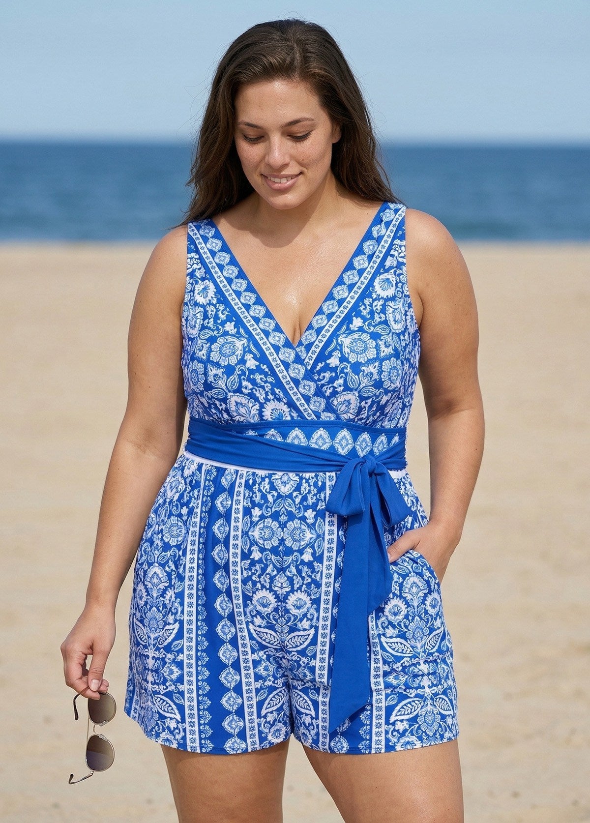 Blue And White Floral V Neck Modest Wrap Pocket Curvy Swimsuit One Piece Swim Romper