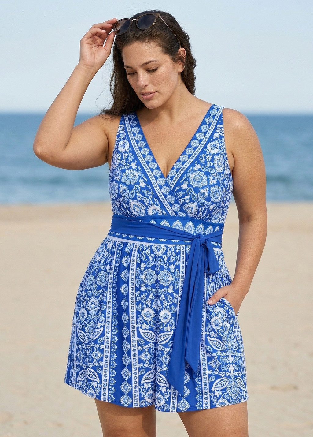 Blue And White Floral V Neck Modest Wrap Pocket Curvy Swimsuit One Piece Swim Romper