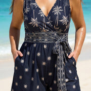 Curvy Black Palm Tree Print Flattering Wrap Pocket Curvy Swimsuit One Piece Swim Romper