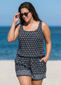 Plus Size Black And White Floral Scoop Neck Wide Straps Pocket Swimsuit One Piece Swim Romper