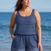 Blue Geometric Pattern Scoop Neck Vintage Wide Straps Pocket Curvy Swimsuit One Piece Swim Romper