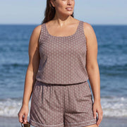 Plus Size Brown Geometric Pattern Scoop Neck Modest Wide Straps Pocket One Piece Swim Romper