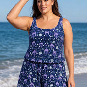 Purple Palm Print Scoop Neck Flattering Wide Straps Pocket Plus Size One Piece Swim Romper
