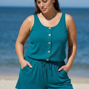 Navy Round Neck Plus Size Button Drawstring Women's One Piece Swimsuit