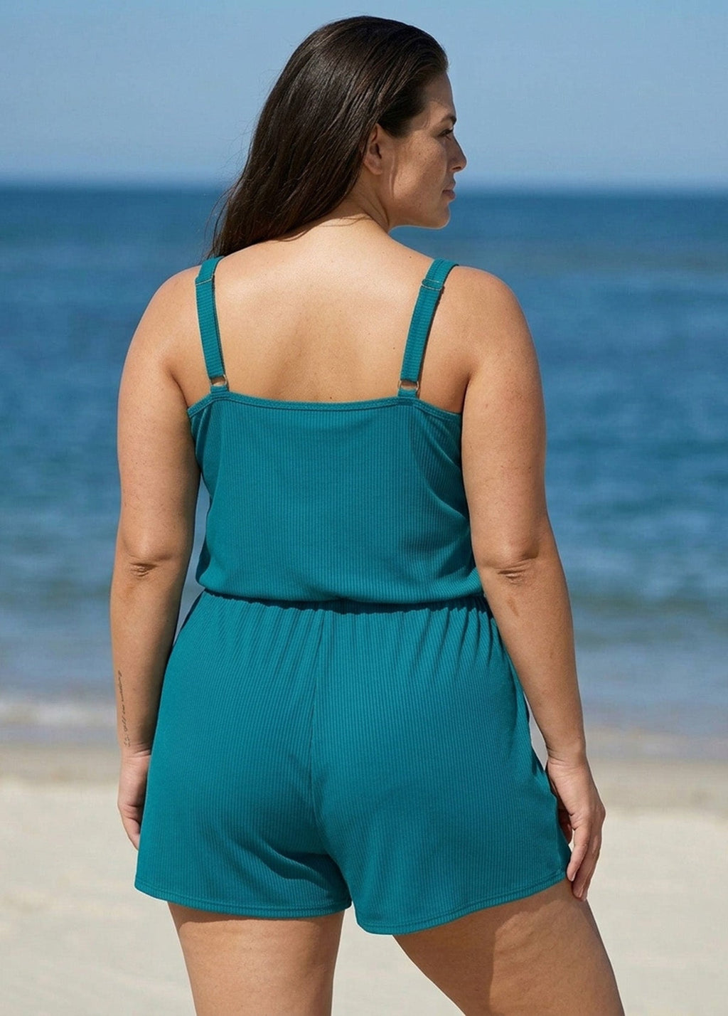 Navy Round Neck Plus Size Button Drawstring Women's One Piece Swimsuit