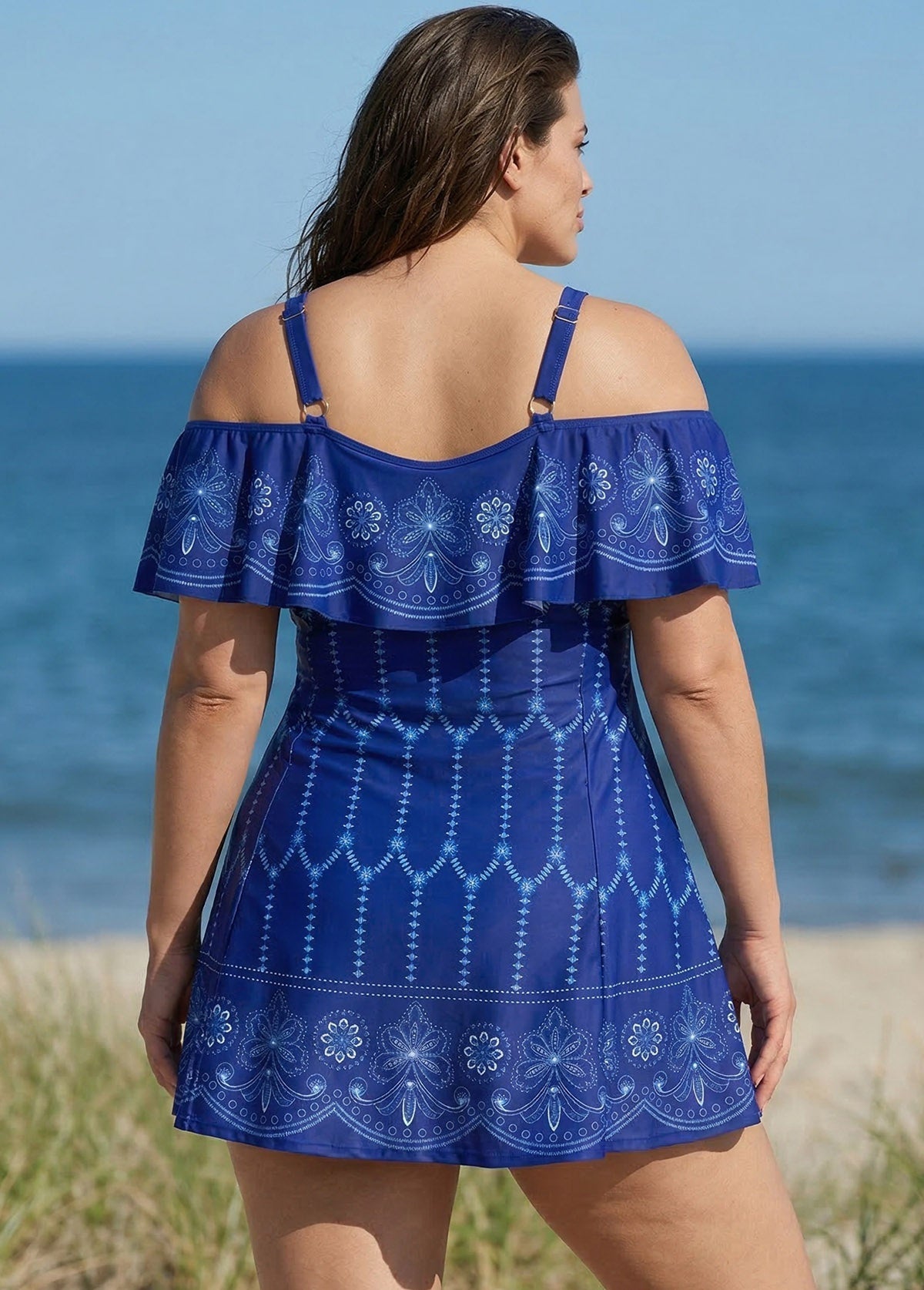 Plus Size Navy Off The Shoulder Line Flowers Women One Piece Swimdress