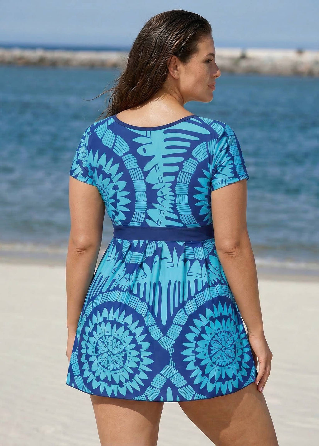 Plus Size Blue Geometric Print Short Sleeve Swimdress Top