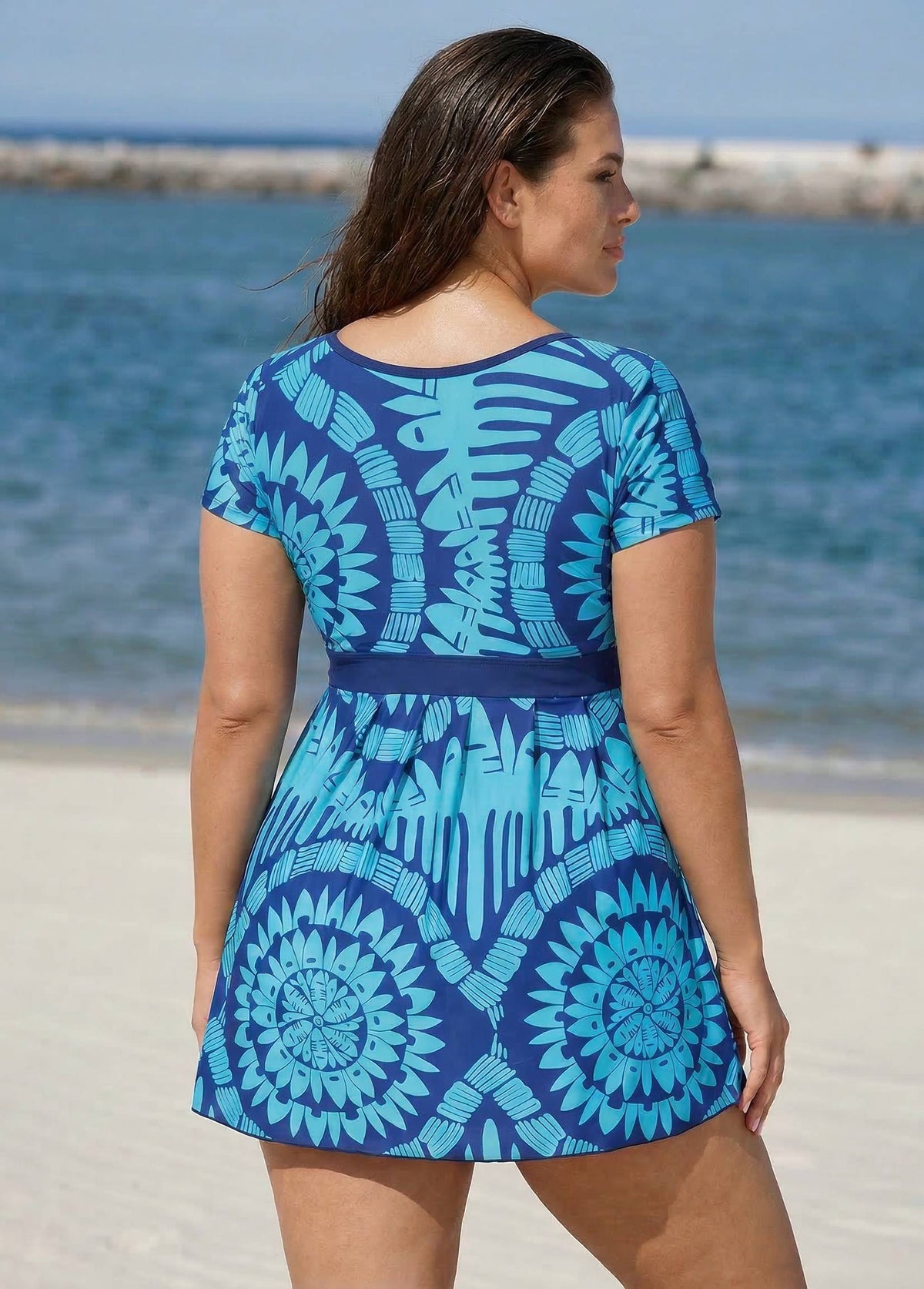 Plus Size Blue Geometric Print Short Sleeve Swimdress Top