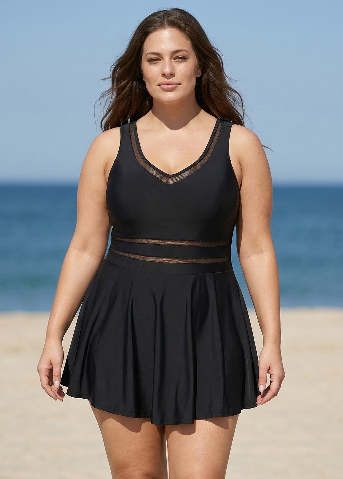 Plus Size V-neck Wide Strap Crochet One Piece Swimdress