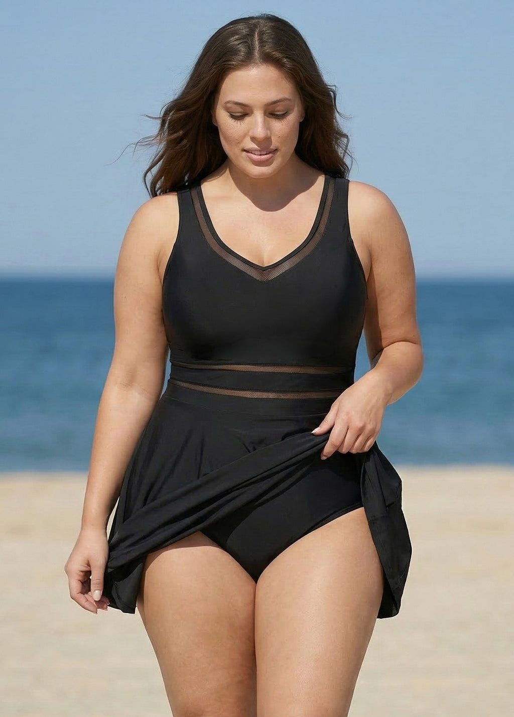 Plus Size V-neck Wide Strap Crochet One Piece Swimdress