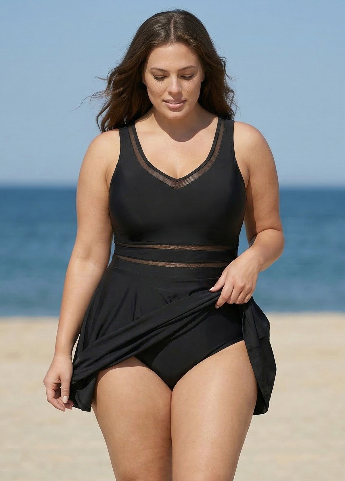 Plus Size V-neck Wide Strap Crochet One Piece Swimdress