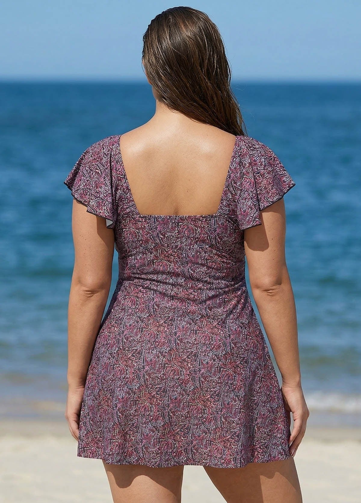 Plus Size Floral Print V-Neck Sleeves Swimdress Top