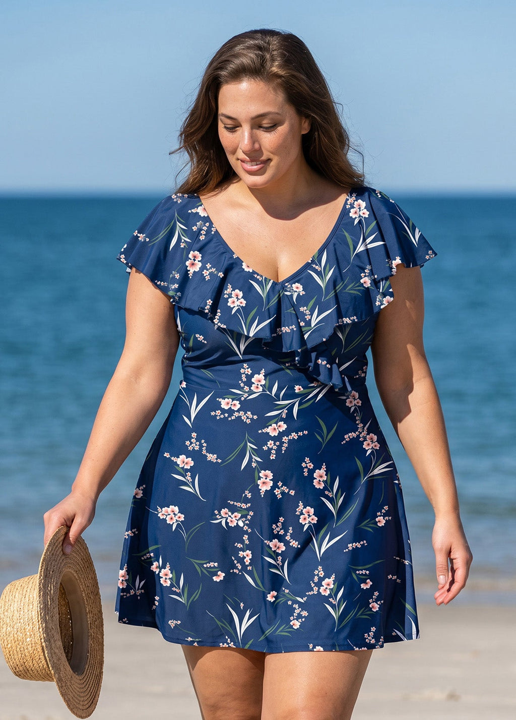 Curvy Blue Floral Print V Neck Cap Sleeves Vintage Ruffles Women's Swimsuit Swimdress Top