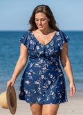 Curvy Blue Floral Print V Neck Cap Sleeves Vintage Ruffles Women's Swimsuit Swimdress Top