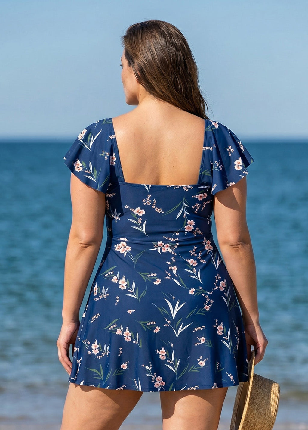 Curvy Blue Floral Print V Neck Cap Sleeves Vintage Ruffles Women's Swimsuit Swimdress Top