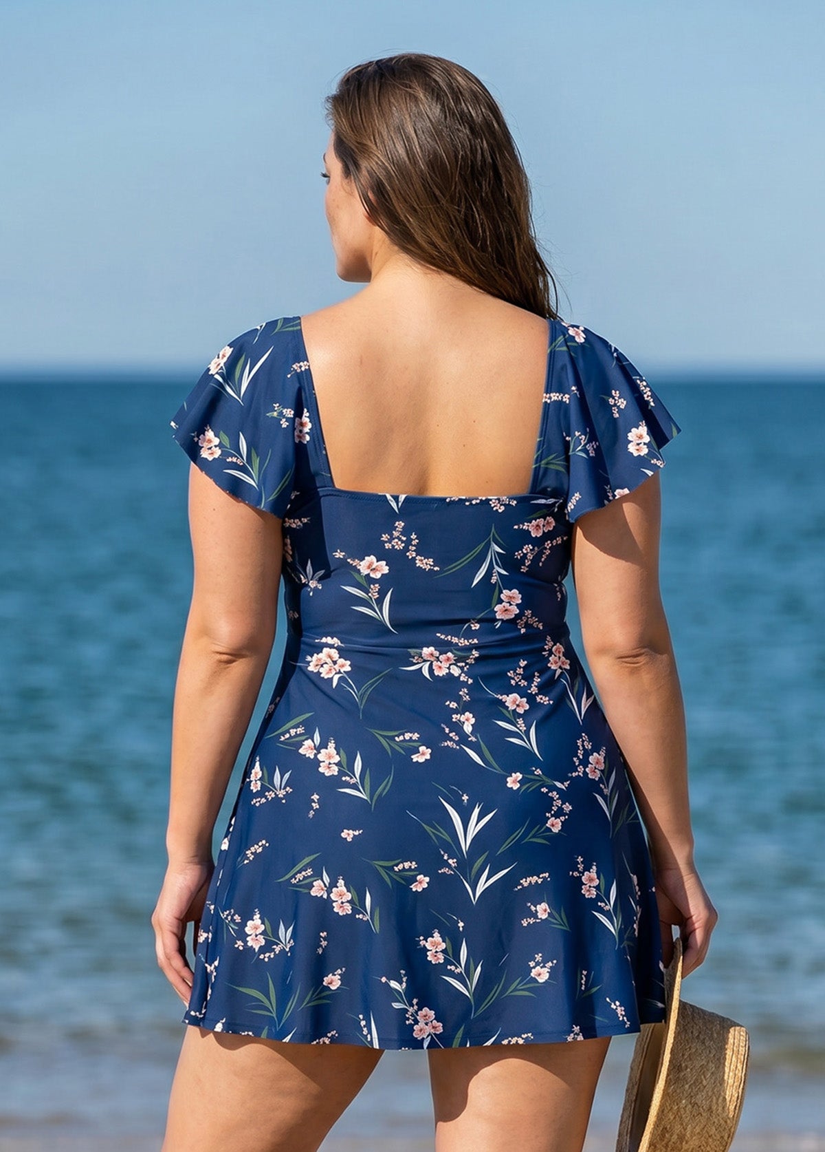 Curvy Blue Floral Print V Neck Cap Sleeves Vintage Ruffles Women's Swimsuit Swimdress Top