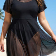 Plus Size Black High Neck Mesh Sleeves One Piece Swimdress