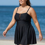 Black Crisscross Detailing Flowy Swimdress Top