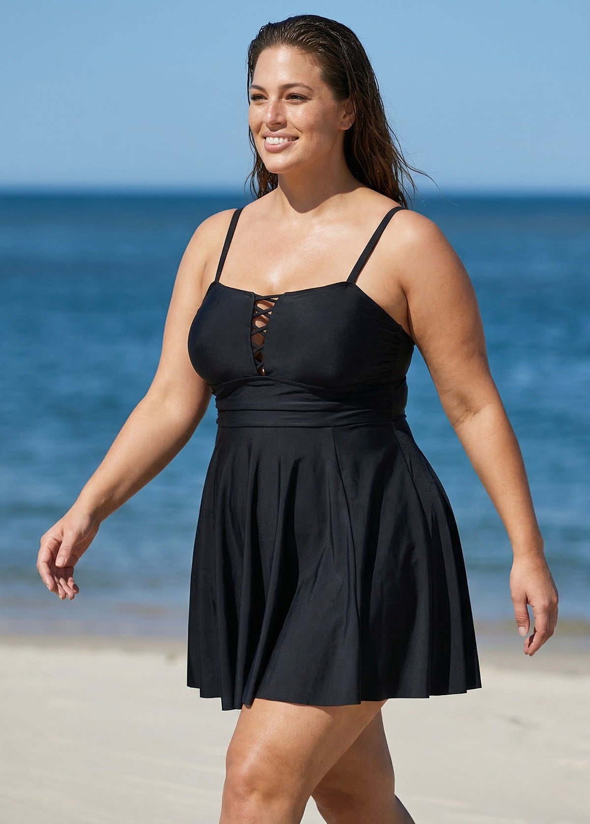 Black Crisscross Detailing Flowy Swimdress Top