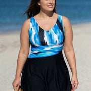 Blue Trendy Ombre V-Neck Flattering  Swimdress Top