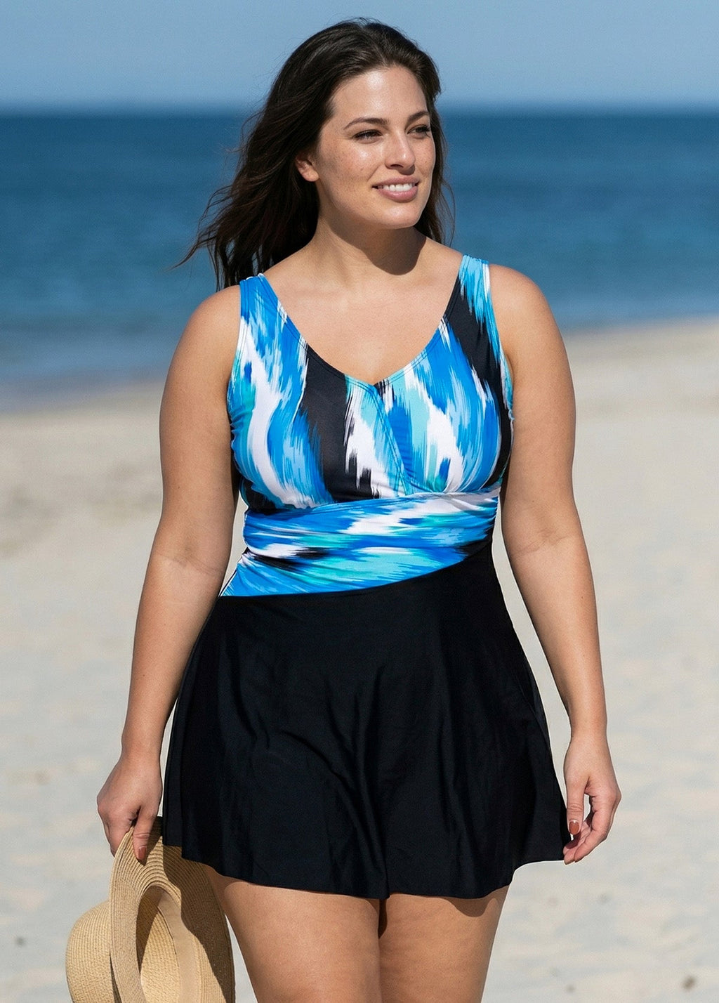 Blue Trendy Ombre V-Neck Flattering  Swimdress Top