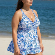 White And Blue V-Neck Floral Patterns Swimdress Set