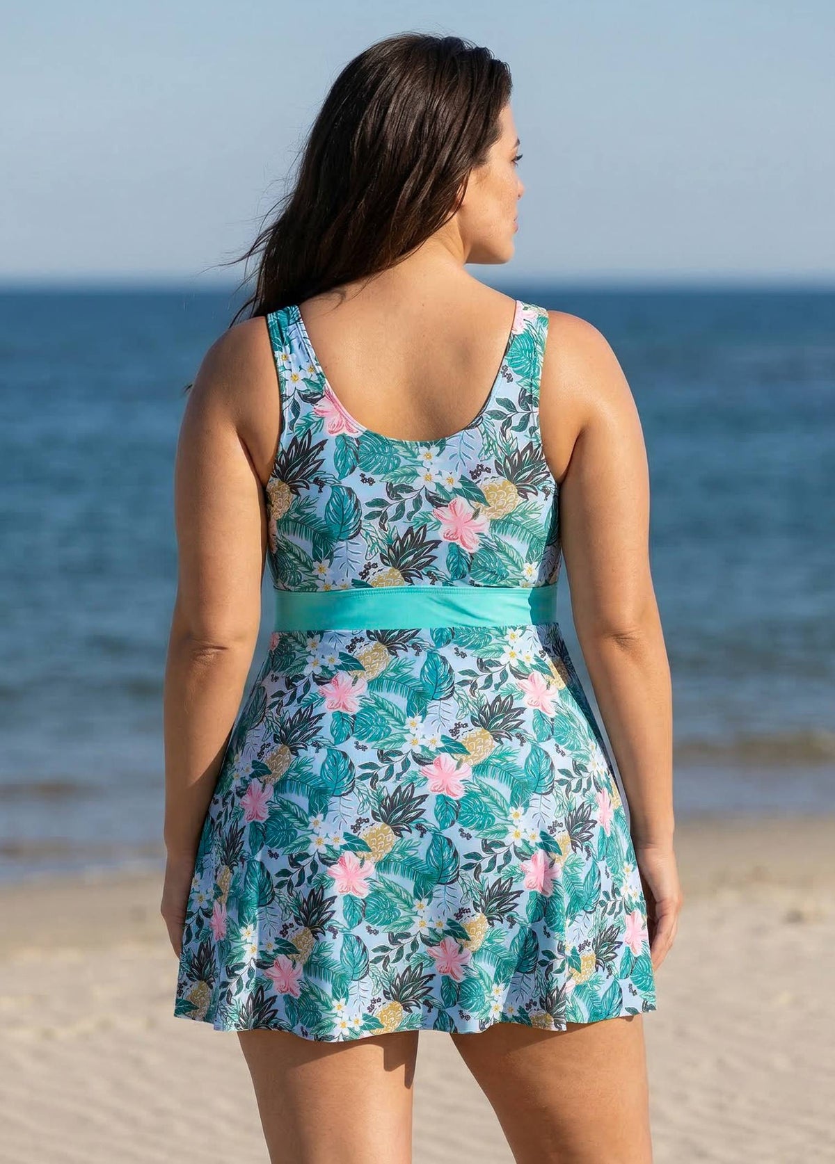 Charming Plus Size Green Tropical Floral Knot Front One Piece Swimdress