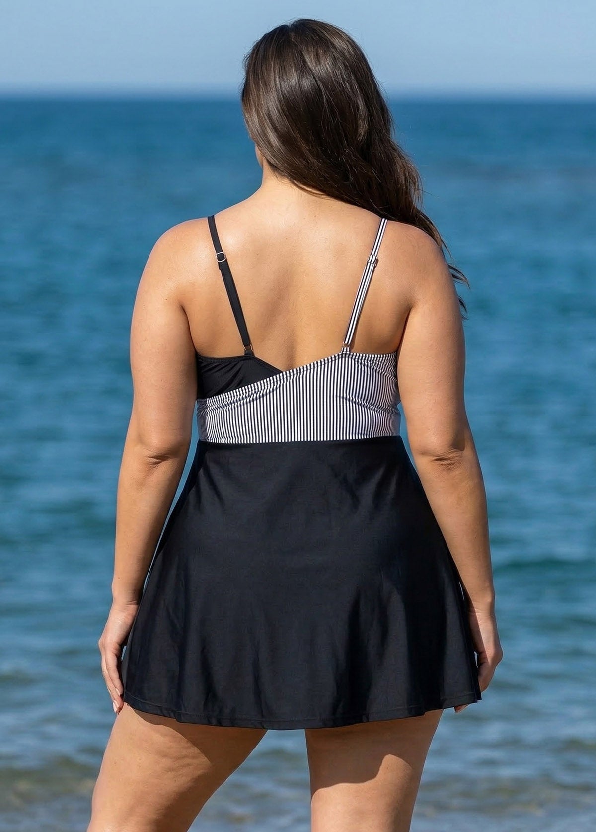 Black And White V Neck Striped Wrap One Piece Swimdress