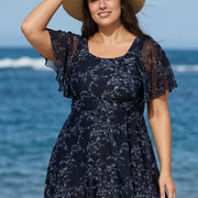 Black Floral Square Neck Mesh Short Sleeves Modest Ruffle Plus Size Swimsuit Swimdress Set