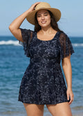 Black Floral Square Neck Mesh Short Sleeves Modest Ruffle Plus Size Swimsuit Swimdress Set