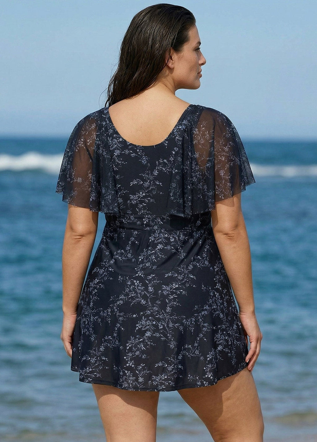 Black Floral Square Neck Mesh Short Sleeves Modest Ruffle Plus Size Swimsuit Swimdress Set