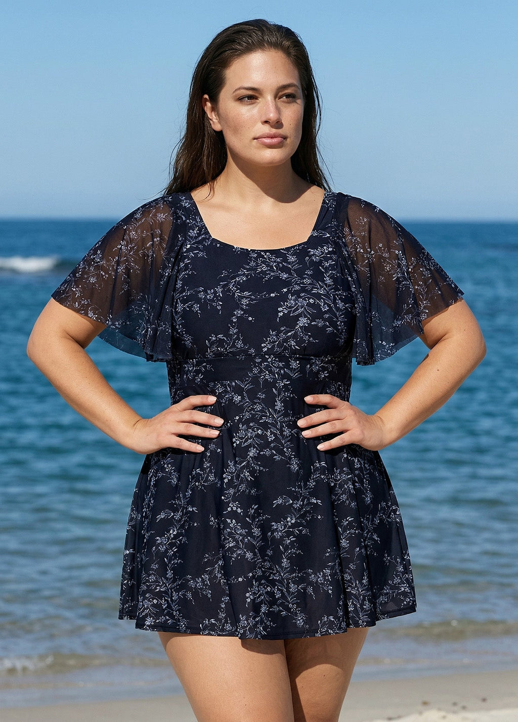 Black Floral Square Neck Mesh Short Sleeves Modest Ruffle Plus Size Swimsuit Swimdress Set