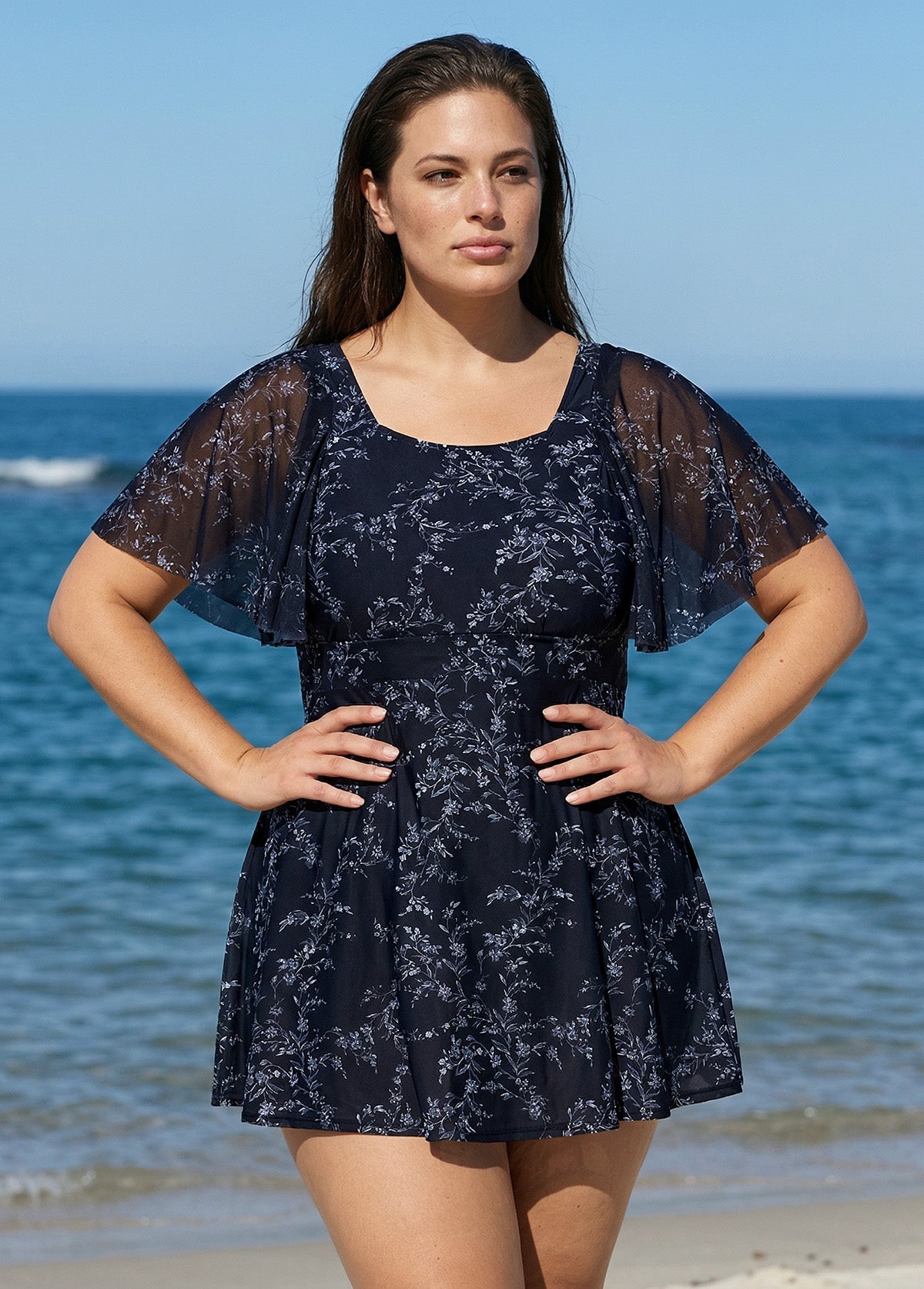 Black Floral Square Neck Mesh Short Sleeves Modest Ruffle Plus Size Swimsuit Swimdress Set