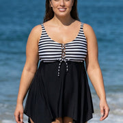 Black And White Striped Tie-Front Drawstring Asymmetrical Hem Swimdress Top