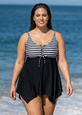 Black And White Striped Tie-Front Drawstring Asymmetrical Hem Swimdress Top