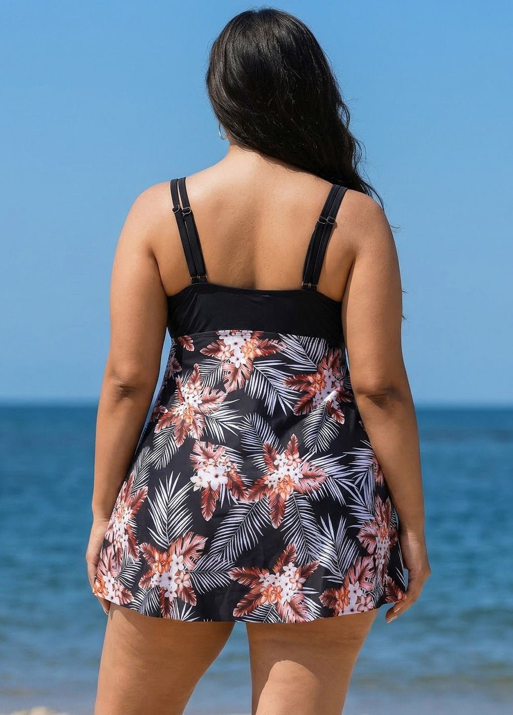 Stylish Tropical Print Patchwork Tie Front Swim Dress Set