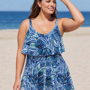 Blue Leaf Print Layered Ruffle Trim Adjustable Strap Elegant Plus Size One Piece Swimdress