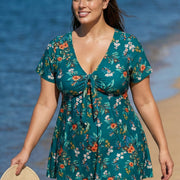 Green V Neck Floral Print Front Twisted Trendy Ruffle Swimdesse Set