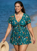 Green V Neck Floral Print Front Twisted Trendy Ruffle Swimdesse Set
