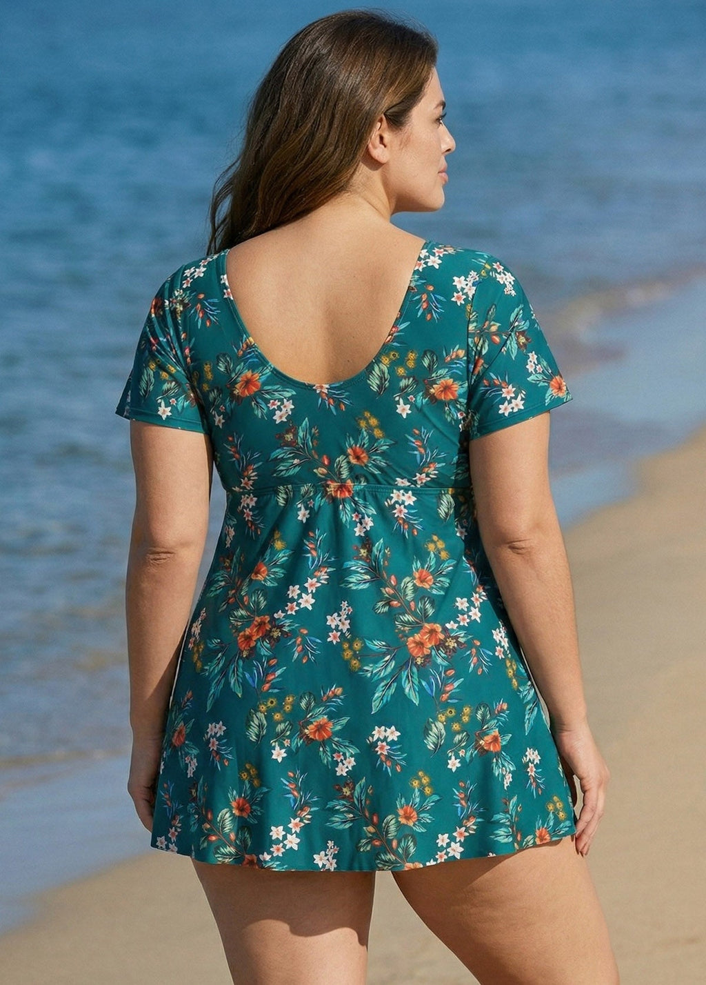 Green V Neck Floral Print Front Twisted Trendy Ruffle Swimdesse Set