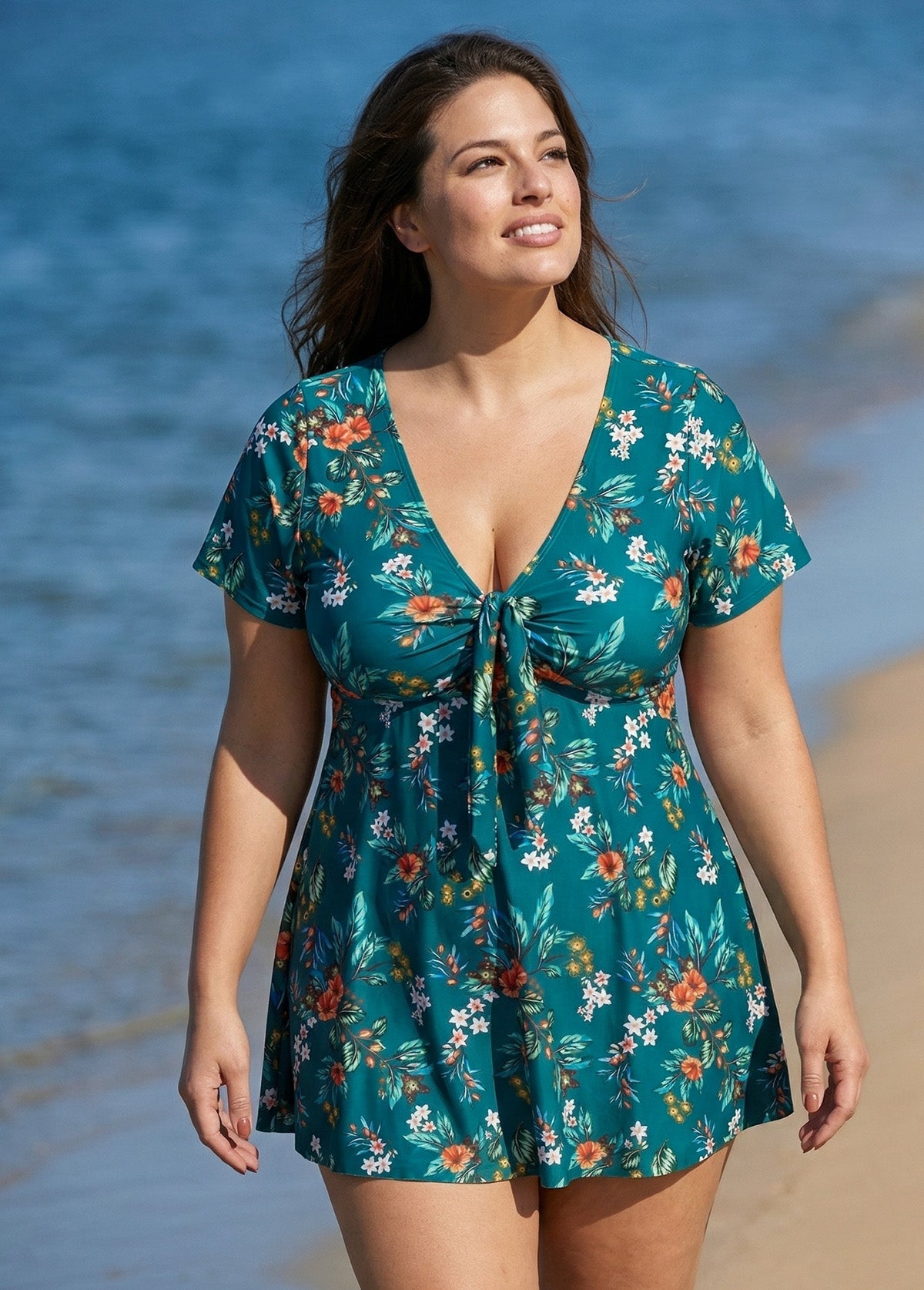 Green V Neck Floral Print Front Twisted Trendy Ruffle Swimdesse Set
