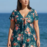 Plus Size Green Floral Short Sleeve Ladies Bathing Suits Swimdress Set