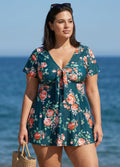 Plus Size Green Floral Short Sleeve Ladies Bathing Suits Swimdress Set